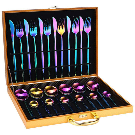 24pcs Luxury Cutlery Set $96.91 Dana Fashion Color: Color style: With Box Dana's Kitchen Material: Stainless steel Product Features: High hardness, no distortion, BPA-free and eco-friendly. Are they dishwasher safe? Yes! 18/10 stainless steel with the hig