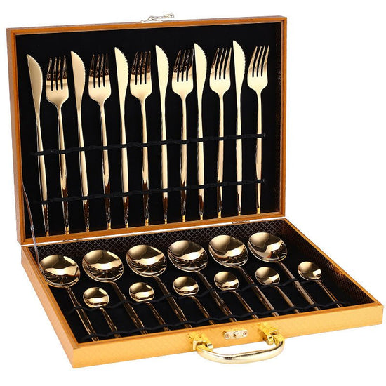 24pcs Luxury Cutlery Set $89.04 Dana Fashion Color: Gold style: With Box Dana's Kitchen Material: Stainless steel Product Features: High hardness, no distortion, BPA-free and eco-friendly. Are they dishwasher safe? Yes! 18/10 stainless steel with the high