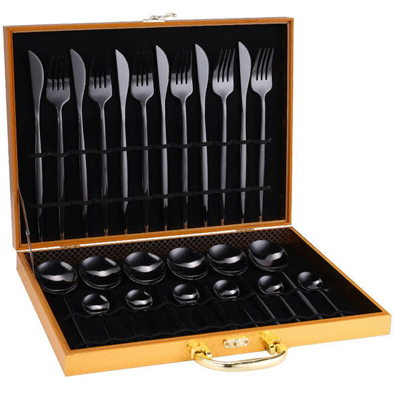 24pcs Luxury Cutlery Set $96.91 Dana Fashion Color: Black style: With Box Dana's Kitchen Material: Stainless steel Product Features: High hardness, no distortion, BPA-free and eco-friendly. Are they dishwasher safe? Yes! 18/10 stainless steel with the hig