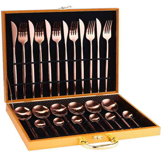 24pcs Luxury Cutlery Set $89.04 Dana Fashion Color: Rose gold style: With Box Dana's Kitchen Material: Stainless steel Product Features: High hardness, no distortion, BPA-free and eco-friendly. Are they dishwasher safe? Yes! 18/10 stainless steel with the