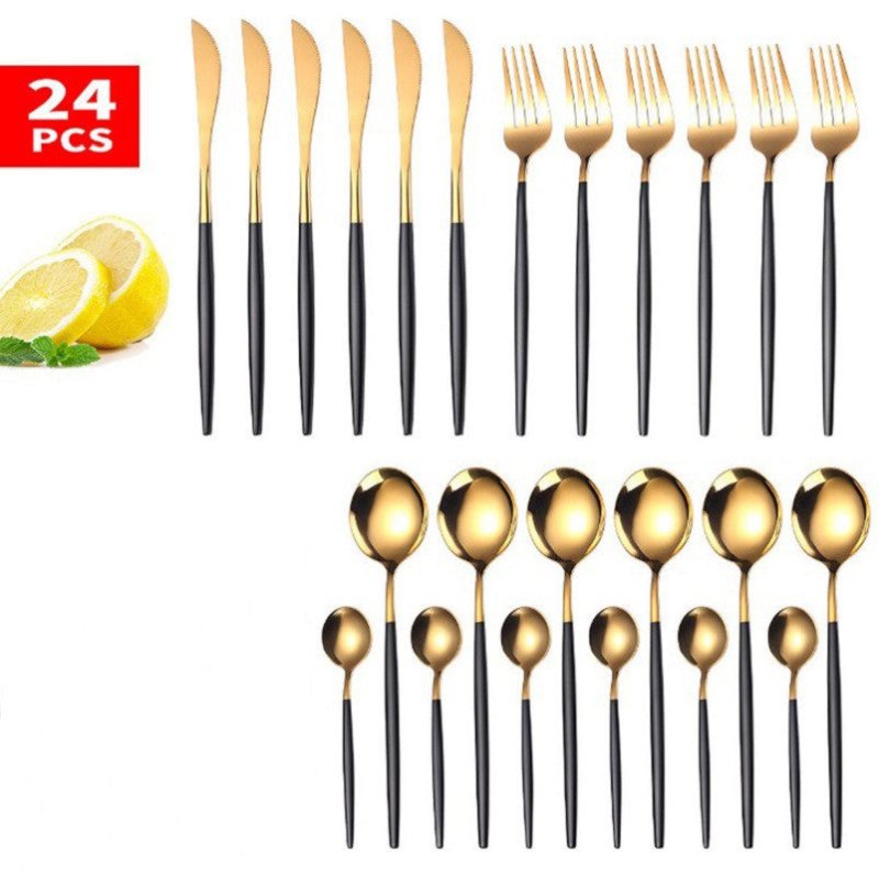 24pcs Luxury Cutlery Set $96.91 Dana Fashion Color: Black style: With Box Dana's Kitchen Material: Stainless steel Product Features: High hardness, no distortion, BPA-free and eco-friendly. Are they dishwasher safe? Yes! 18/10 stainless steel with the hig