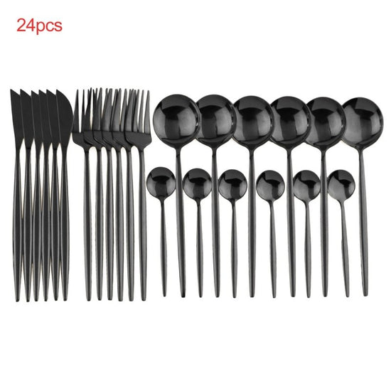 24pcs Luxury Cutlery Set $59.20 Dana Fashion Color: Full black style: Without box Dana's Kitchen Material: Stainless steel Product Features: High hardness, no distortion, BPA-free and eco-friendly. Are they dishwasher safe? Yes! 18/10 stainless steel with