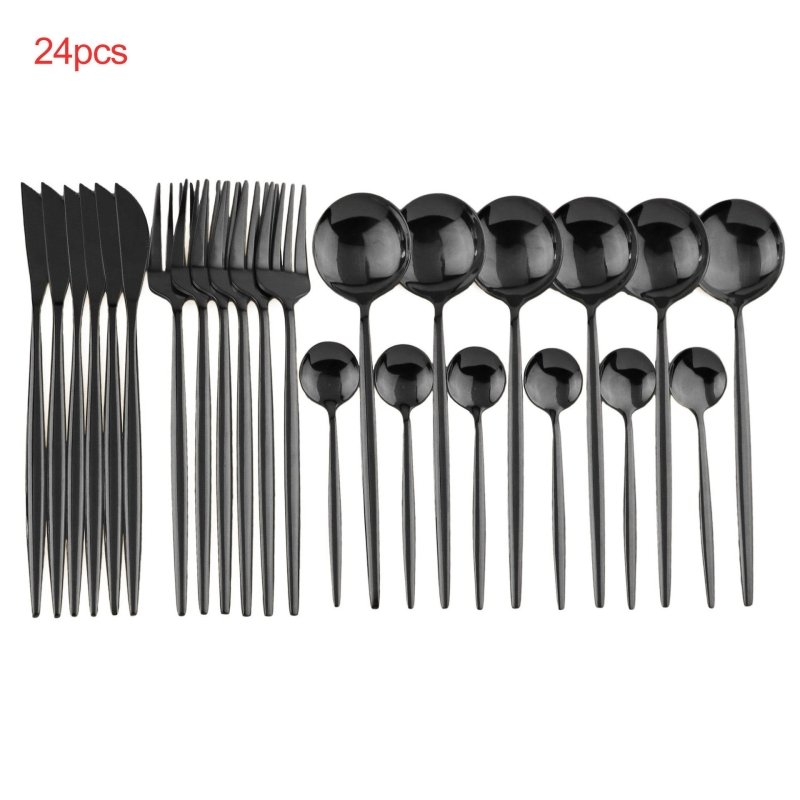 24pcs Luxury Cutlery Set $59.20 Dana Fashion Color: Full black style: Without box Dana's Kitchen Material: Stainless steel Product Features: High hardness, no distortion, BPA-free and eco-friendly. Are they dishwasher safe? Yes! 18/10 stainless steel with