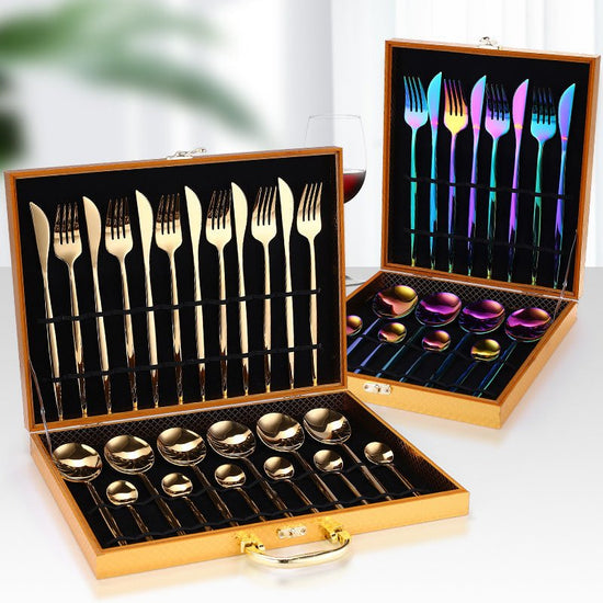 24pcs Luxury Cutlery Set $96.91 Dana Fashion Color: Black style: With Box Dana's Kitchen Material: Stainless steel Product Features: High hardness, no distortion, BPA-free and eco-friendly. Are they dishwasher safe? Yes! 18/10 stainless steel with the hig