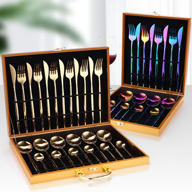 24pcs Luxury Cutlery Set $96.91 Dana Fashion Color: Black style: With Box Dana's Kitchen Material: Stainless steel Product Features: High hardness, no distortion, BPA-free and eco-friendly. Are they dishwasher safe? Yes! 18/10 stainless steel with the hig