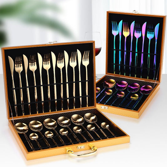 24pcs Luxury Cutlery Set $96.91 Dana Fashion Color: Black style: With Box Dana's Kitchen Material: Stainless steel Product Features: High hardness, no distortion, BPA-free and eco-friendly. Are they dishwasher safe? Yes! 18/10 stainless steel with the hig