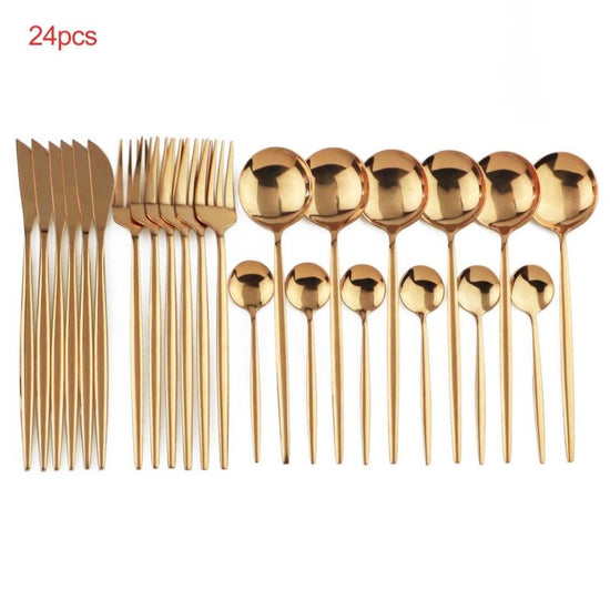24pcs Luxury Cutlery Set $96.91 Dana Fashion Color: Black style: With Box Dana's Kitchen Material: Stainless steel Product Features: High hardness, no distortion, BPA-free and eco-friendly. Are they dishwasher safe? Yes! 18/10 stainless steel with the hig