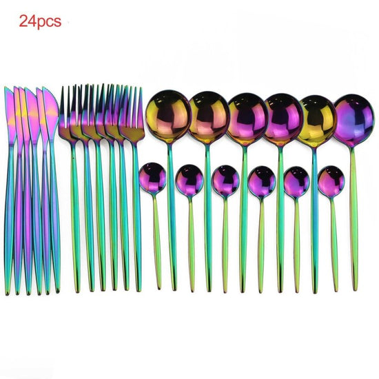 24pcs Luxury Cutlery Set $58.48 Dana Fashion Color: Color style: Without box Dana's Kitchen Material: Stainless steel Product Features: High hardness, no distortion, BPA-free and eco-friendly. Are they dishwasher safe? Yes! 18/10 stainless steel with the