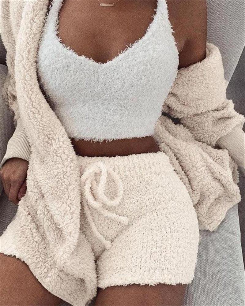 3pcs Womens Clothing Long Sleeve Crop Tank Top And Drawstring Shorts Pajama Set - DanaFashionstore