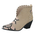 Block-heel rivet color-block snake print ankle boots - DanaFashionstore