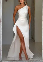 Sexy One-shoulder Backless Slit Dress Summer Elegant Slim-fit Solid Color Satin Dresses For Women - DanaFashionstore