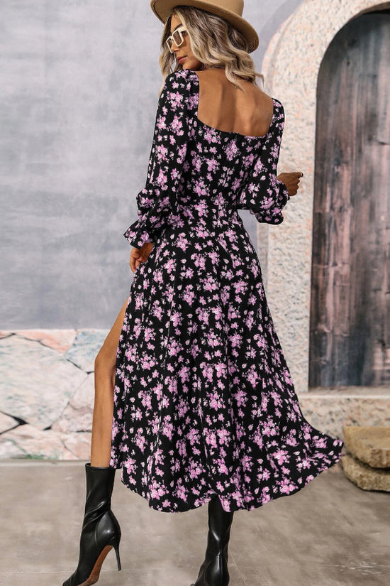 Flowers Printing Long Sleeve Dress Fashion Square-neck Bottom Slit Dresses Womens  Clothing