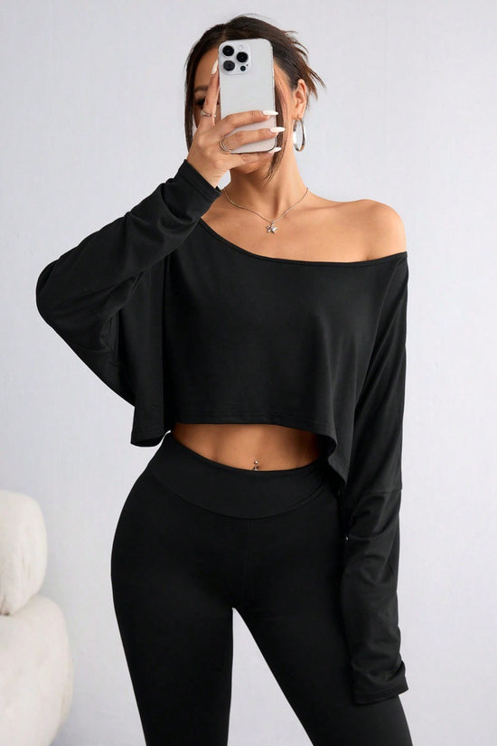 Solid Color Shoulder Long Sleeve Loose-fitting Cropped Top
