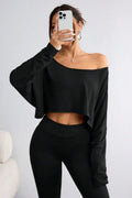 Solid Color Shoulder Long Sleeve Loose-fitting Cropped Top - DanaFashionstore