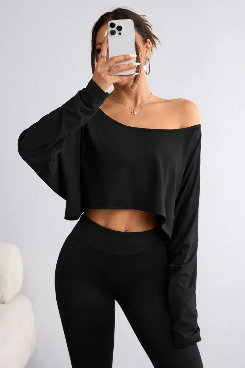 Solid Color Shoulder Long Sleeve Loose-fitting Cropped Top - DanaFashionstore