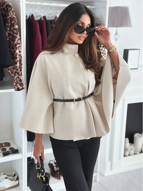 New Stand Collar Batwing Sleeves Cloak Top With Belt Ins Fashion Temperament Jacket Woolen Sweater Outwear For Women Clothing - DanaFashionstore