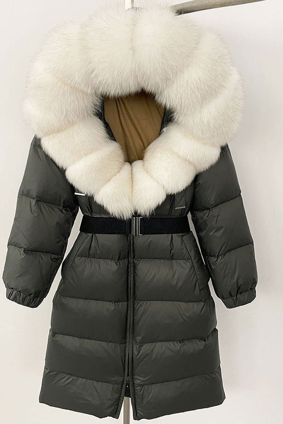 Women's Long Cinched Hoodie Real Fox Fur Collar Coat