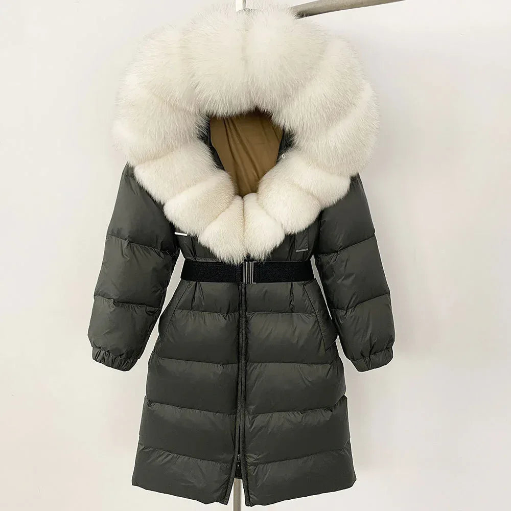 Women's Long Cinched Hoodie Real Fox Fur Collar Coat 2026 - Winter Jacket - DanaFashionstore