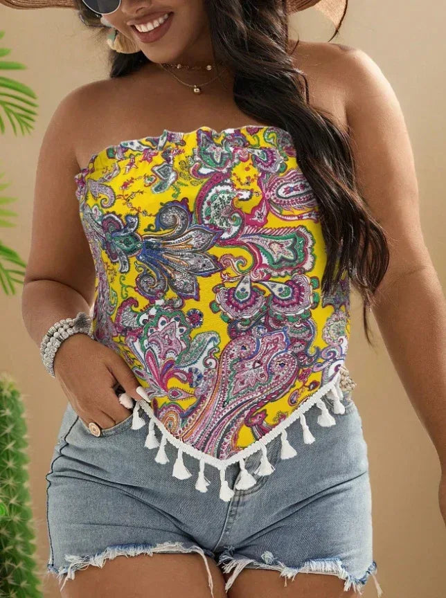Plus Size Print Tassel Trim Summer Top - DanaFashionstore