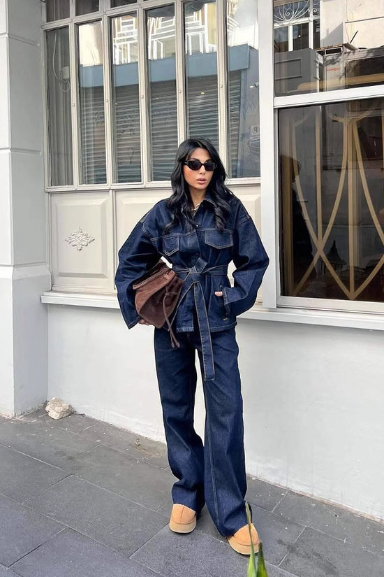 Women's Retro Waist Lace-up Waist-controlled Lapel Denim Coat Trousers Set