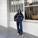 Women's Retro Waist Lace-up Waist-controlled Lapel Denim Coat Trousers Set