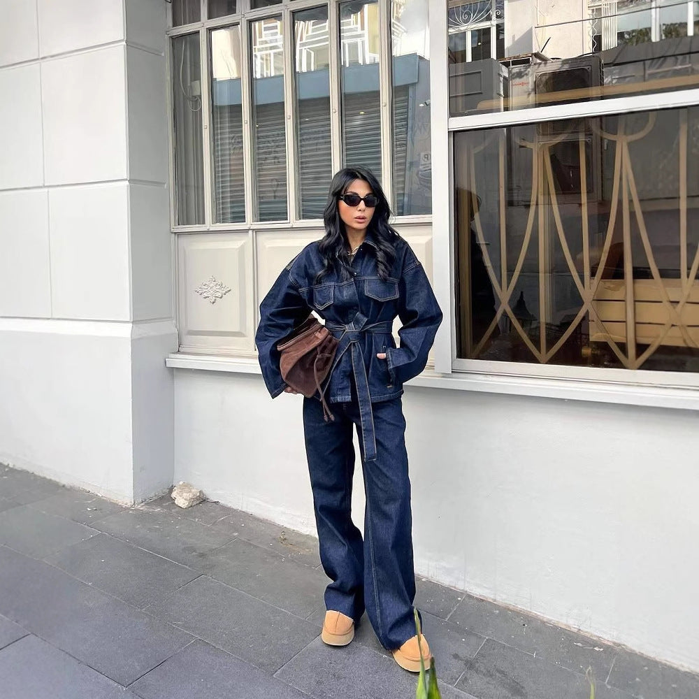Women's Retro Waist Lace-up Waist-controlled Lapel Denim Coat Trousers Set