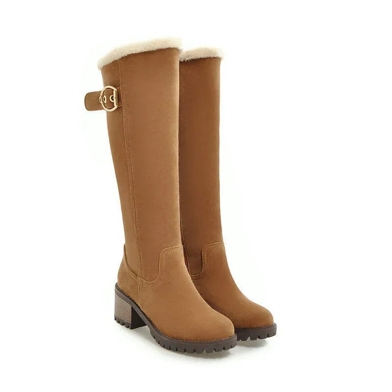 Buckle Embellished Mid-heel Winter Warm Long Boots - DanaFashionstore