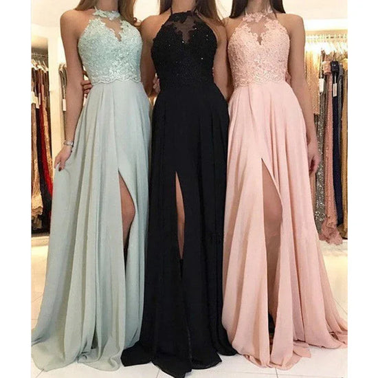 Halter Lace Chiffon Dress Prom Evening Dress Split Long Skirt - DanaFashionstore