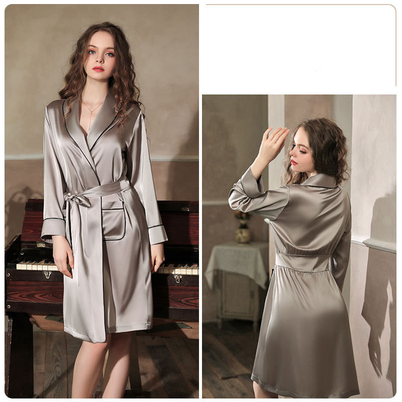 Imitation Silk Private Room Mid-length Nightgown Bathrobe Set - Dana Fashion