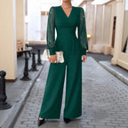 V Neck Defined Waist Sexy Mesh Patchwork Straight Suit For Women