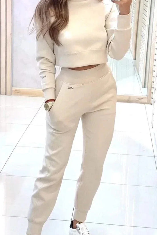 Stand Collar Sports Suit Fashion Pullover Long-sleeves Short Top And Slim Trousers With Pockets Solid Outfits Women's Clothing - DanaFashionstore