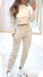 Stand Collar Sports Suit Fashion Pullover Long-sleeves Short Top And Slim Trousers With Pockets Solid Outfits Women's Clothing - DanaFashionstore