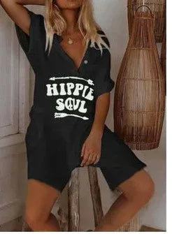 V-Neck Letter Print Jumpsuit 2026 - Side Pocket Casual Jumpsuit - DanaFashionstore