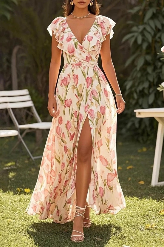 Short Sleeve V-neck Split Digital Printing Dress