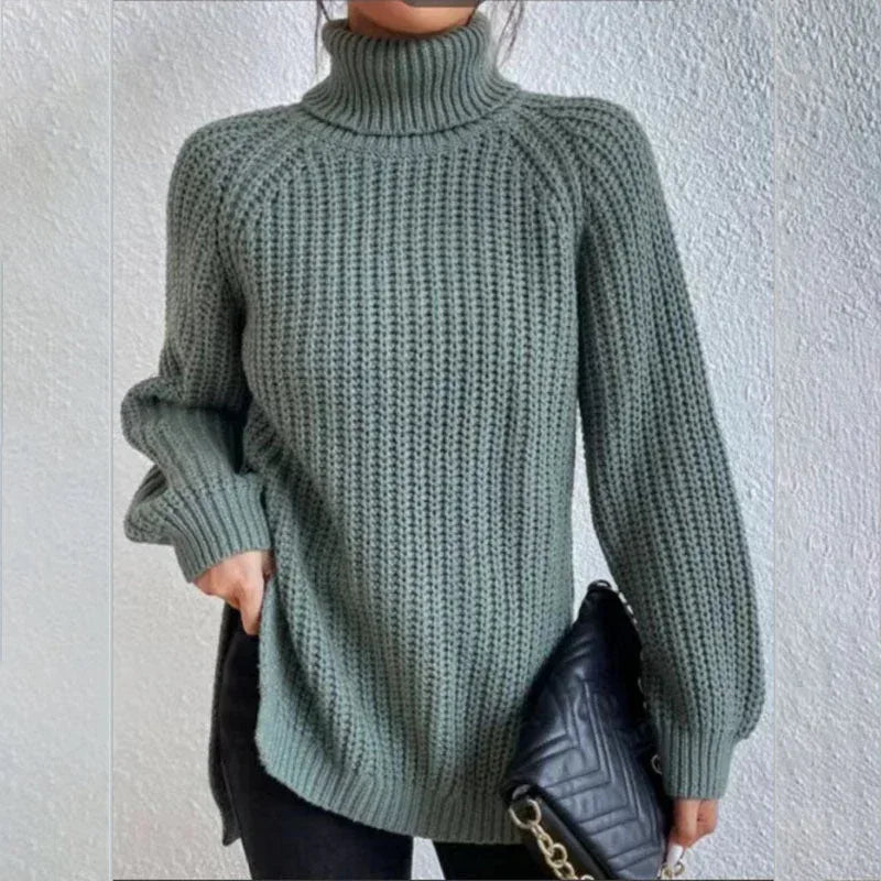 Turtleneck Pullover Sweater With Split Design Fashion Simple Solid Color Long Sleeve Tops Women's Clothing - DanaFashionstore