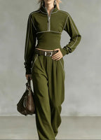 Stand-up Collar Short Zip-up Top Wide-leg Pants Casual Sportswear Set - DanaFashionstore