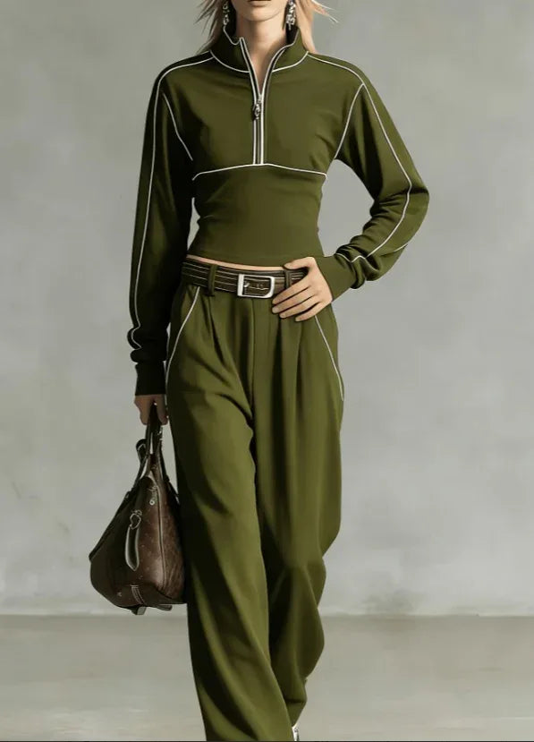 Stand-up Collar Short Zip-up Top Wide-leg Pants Casual Sportswear Set - DanaFashionstore