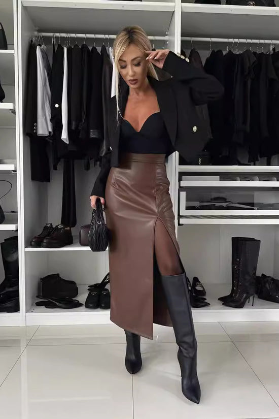 Sexy High Waist Split Leather Skirt