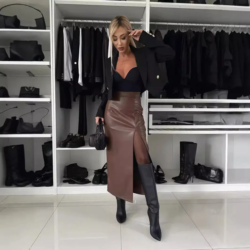 Sexy High Waist Split Leather Skirt - DanaFashionstore