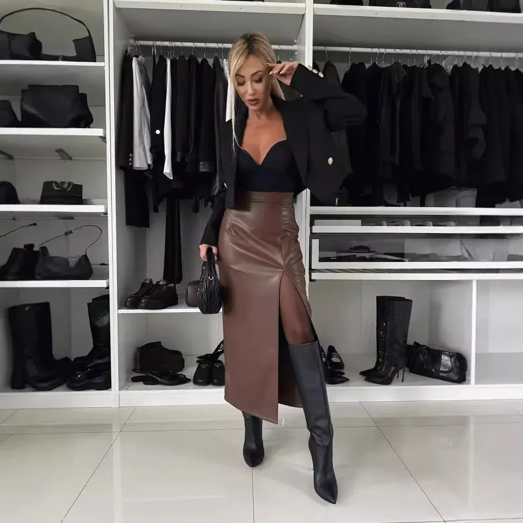 Sexy High Waist Split Leather Skirt - DanaFashionstore