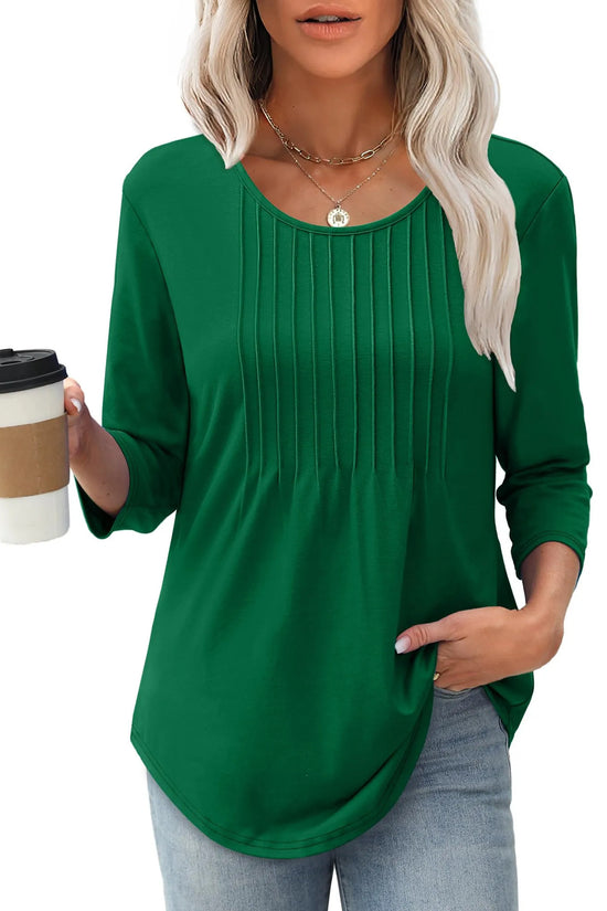 Women's Long Sleeve Top Fashion Casual Pleated Low Round Neck