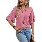 Loose V-neck Ruffle Sleeve T-shirt Fashion Solid Mid-sleeve Tops Women's Clothing - DanaFashionstore
