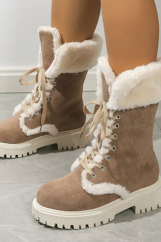 Winter Lace-up Snow Boots For Women Mid-tube Fleece Shoes Warm Chunky Heels Plush Boot - DanaFashionstore