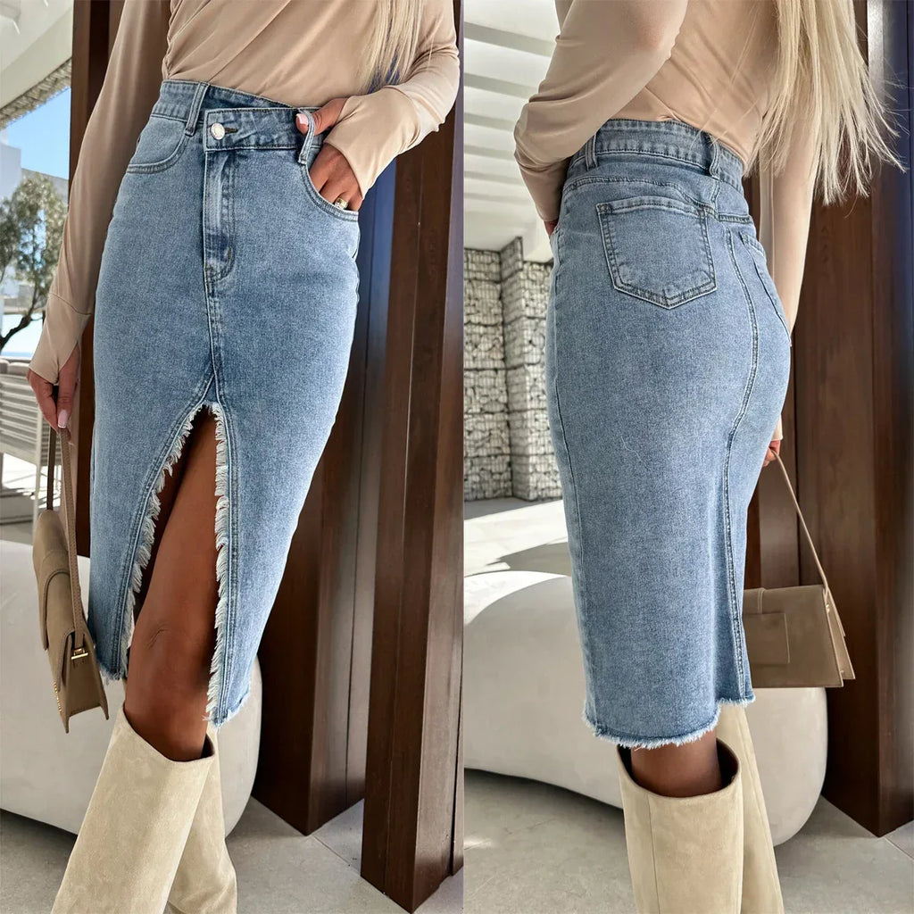 Split Fashion Casual Solid Denim Buttocks Skirt - DanaFashionstore