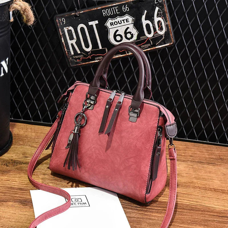 Vintage Handbag Women PU Leather Tassel Top-handle Bag Fashion Lady Tote Luxury Large Capacity Shoulder Bag - DanaFashionstore