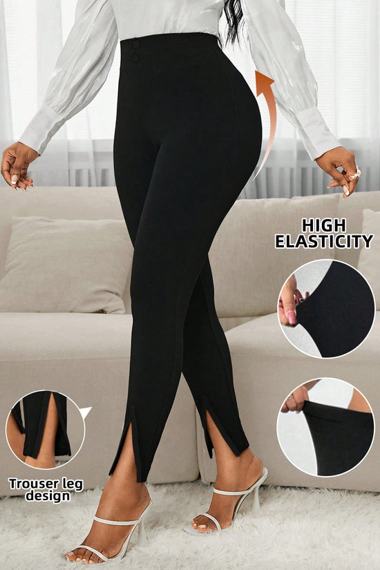 Women Elegant Contrast Color Split Hem Slim Fit Pants