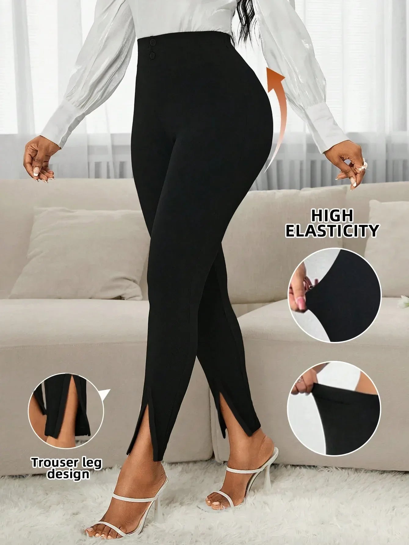 Women Elegant Contrast Color Split Hem Slim Fit Pants - DanaFashionstore