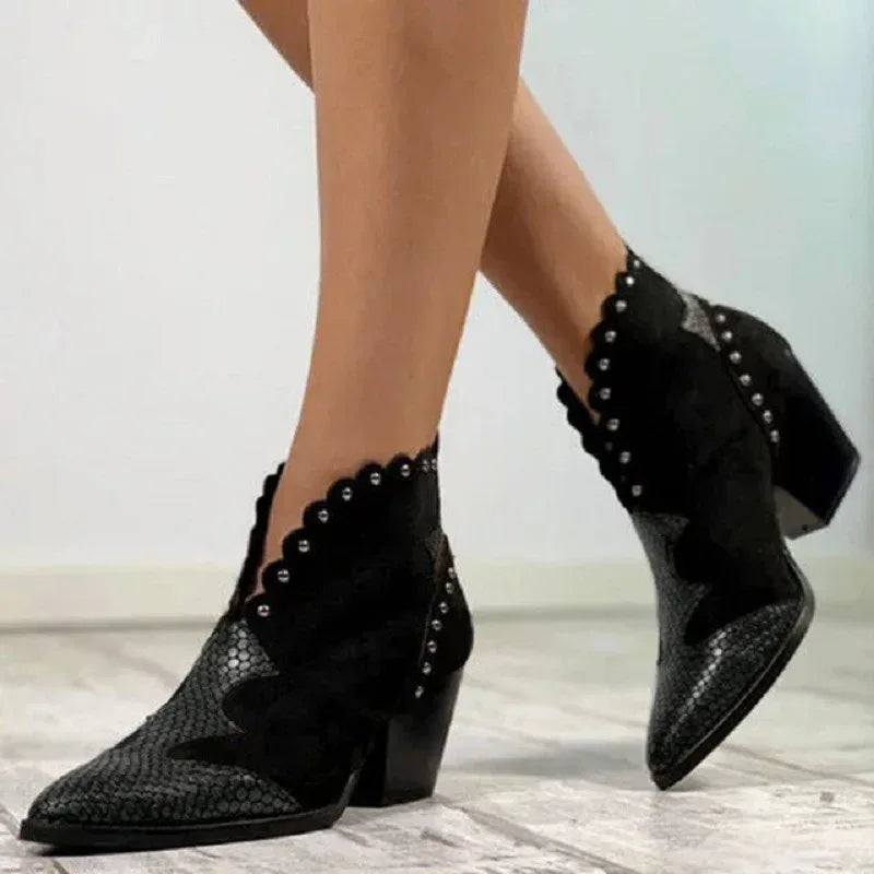 Block-heel rivet color-block snake print ankle boots - DanaFashionstore