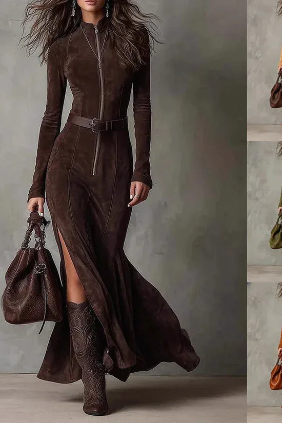Slim Zipper Dress Elegant Temperament Split Long-sleeved Dresses Cowboy Fashion Retro Women's Clothing - DanaFashionstore