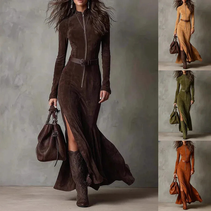 Slim Zipper Dress Elegant Temperament Split Long-sleeved Dresses Cowboy Fashion Retro Women's Clothing - DanaFashionstore